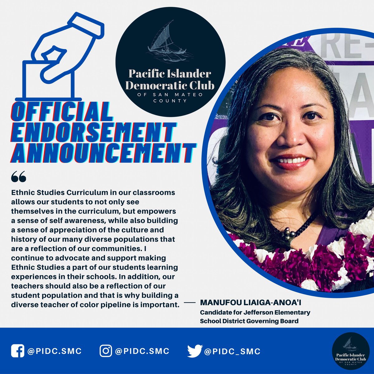 pidc_smc's tweet photo. We are thrilled to announce our endorsement of Manūfou Liaiga-Anoa’i (@ManufouSF) to the Governing Board of the Jefferson Elementary School District. 1/? https://t.co/Lk8AI4fM2N