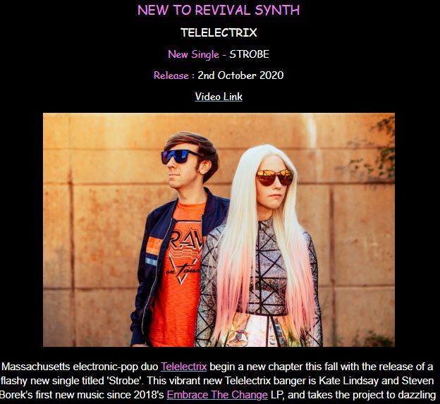 telelectrix's tweet image. Much ❤️ to @RevivalSynth for showcasing the 'Strobe' video! Watch it right on the Revival Synth homepage (revivalsynth.com), and join us Thursday night for our official livestream performance celebrating the digital release.