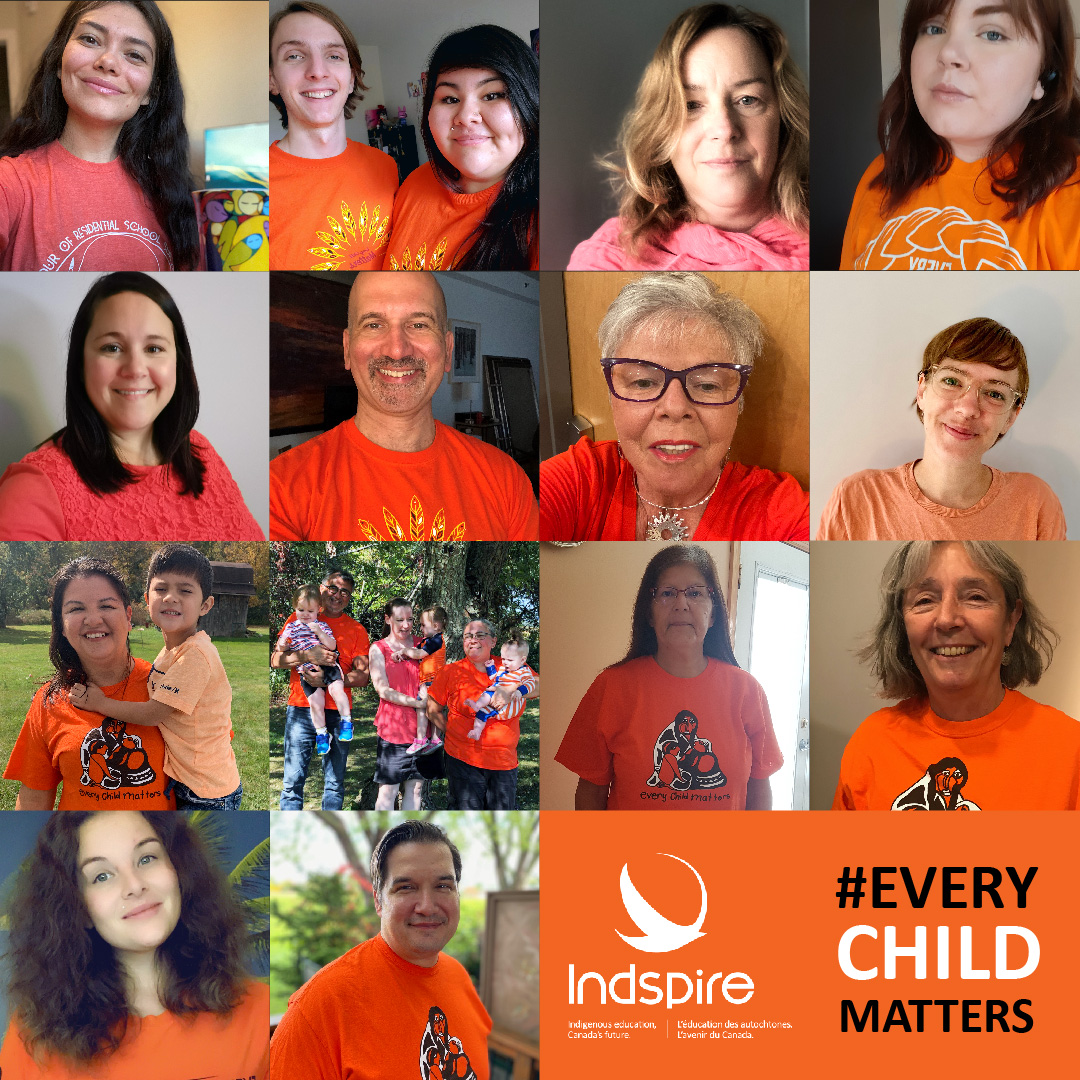 Indspire's tweet photo. Although we’re all still working remotely, we’re united in wearing our orange shirts for #OrangeShirtDay! Join us in reaffirming our commitment to ensure that #EveryChildMatters – and that every Indigenous young person has the opportunity to follow their dreams through education. https://t.co/5Xq6KSmSY1
