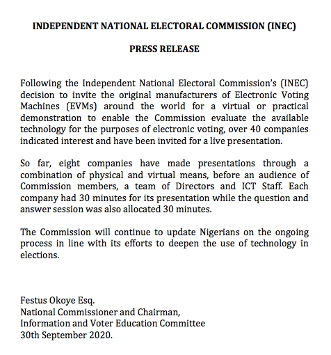 inecnigeria's tweet photo. Press Statement
Original manufacturers of Electronic Voting Machines (EVMs) have been invited for a virtual or practical demonstration to enable the Commission evaluate the available technology for the purposes of electronic voting... https://t.co/DovpjaSzl9