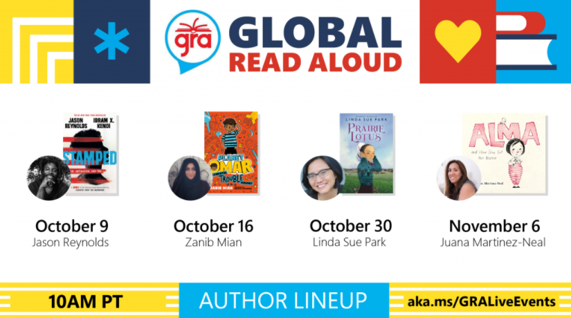 AnthonySalcito's tweet photo. Join us for Global Read Aloud live events to inspire the next generation of readers and writers. Tune in with your class to learn from amazing authors like Jason Reynolds, Zanib Mian, Linda Sue Park, and Juana Martinez-Neal: https://t.co/QwqPELdpcQ @SkypeClassroom https://t.co/bQ59fnLSYS