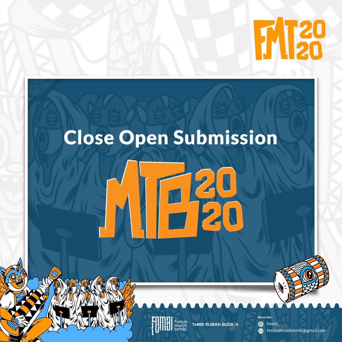 Close Open Submission MTB 2020

Terimakasih untuk kalian yang sudah berpartisipasi :)

#FMT #FMT2020 #MTB2020 #MTB #musiktradisibaru #musiktradisi #festivalmusiktembi