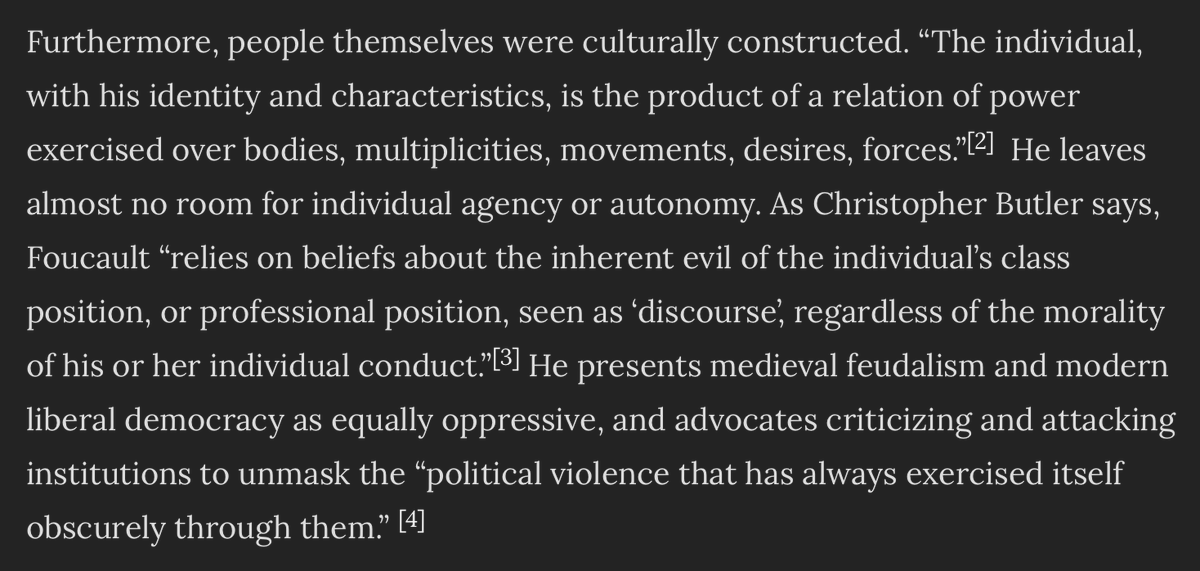 I have no idea wtf Christopher Butler is talking about & no idea where Pluckrose got the idea that Foucault “presents medieval feudalism and modern liberal democracy as equally oppressive.” I checked the Chomsky - Foucault debate (endnote 4), couldn’t find any such claim. [13/n]