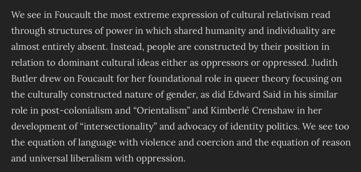 Next, we are told Foucault is an extreme cultural relativist, and also that he thinks people are socialized into one of two social classes: oppressor or oppressed. No citations for that--big surprise! For good measure, here are two that suggest otherwise. [14/n]