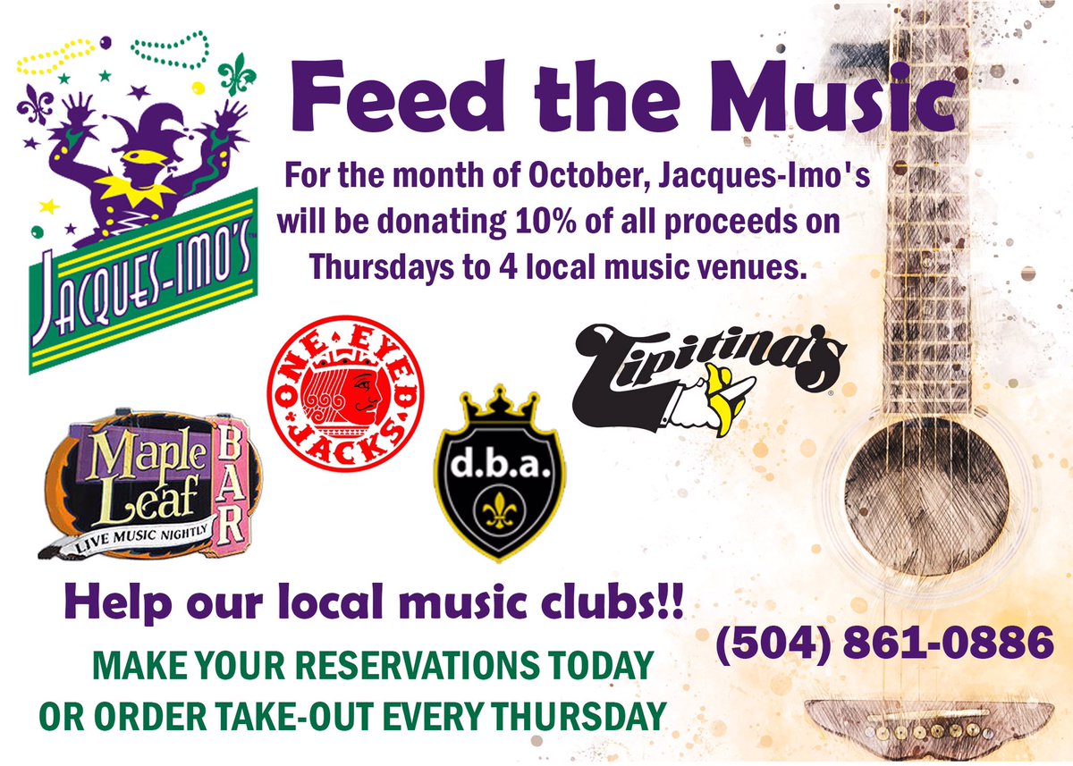 Got dinner plans Thurs night?

Jacques-Imo’s will be (amazingly) donating 10% of all proceeds on Thursdays in October to help support us, Maple Leaf, d.b.a., &amp; One Eyed Jack’s.

⚜️ Please grab some world-renowned cuisine &amp; help your neighbors that are helping your neighbors. ⚜️