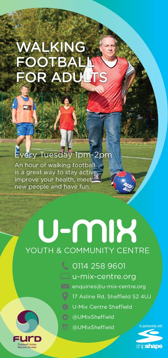 Many of our regular football sessions are now back up and running <a href="/UMixSheffield/">U-Mix Centre</a>. Call us to check. Our walking football sessions in partnership with <a href="/shipshapewell/">ShipShape Community Hub</a> are back at 1pm-2pm on Tuesdays - all adults welcome to come and give it a go. #walkingfootball #Sheffieldissuper