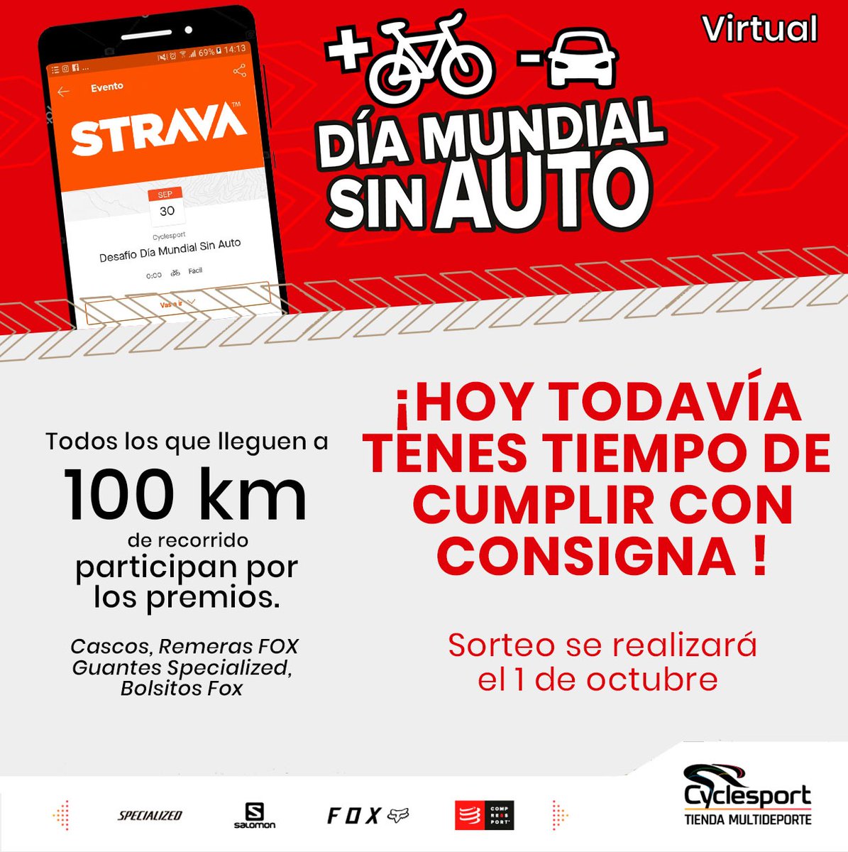 Extendemos un día más el plazo para cumplir con los 100Km por el Día Mundial sin Auto.🚴‍♂️💨   ➕🚲➖🚗
Mañana realizaremos el sorteo a las 10:00 horas.
#diamundialsinauto2020
#cyclesport