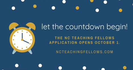 ncpublicschools's tweet photo. The 2020-21 NC Teaching Fellows application opens Oct. 1! Application deadline is  Jan. 11, 2021. Learn more  - https://t.co/sXLDiLhtbg. https://t.co/cJ5xMClvmE