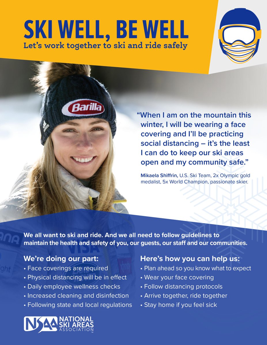NSAA_org's tweet photo. Take it from one of the world’s best skiers: we all need to work together to keep our communities healthy &amp; safe this season. NSAA’s Ski Well, Be Well campaign can help share your ski area’s commitment to the health &amp; wellness of your guests, staff &amp; community. @MikaelaShiffrin https://t.co/UMoTKhe8O0