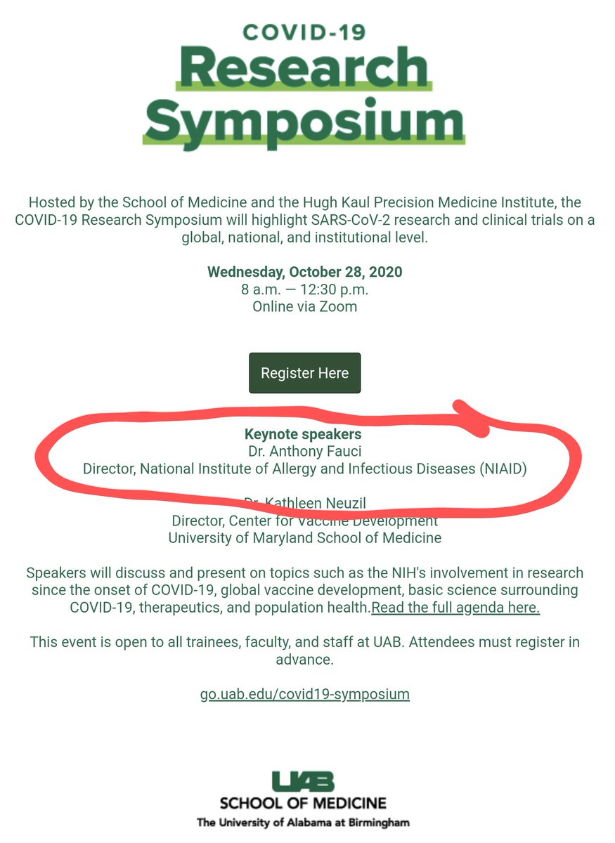 Umm shoutout to @UABSOM for bagging American hero Dr. Anthony Fauci as one of the keynote speakers for our #COVID19 research symposium! 😲 #whyUABSurgery @UABSurgery @DrVickersUAB @herbchen @DrJeanneM @msaagmd
