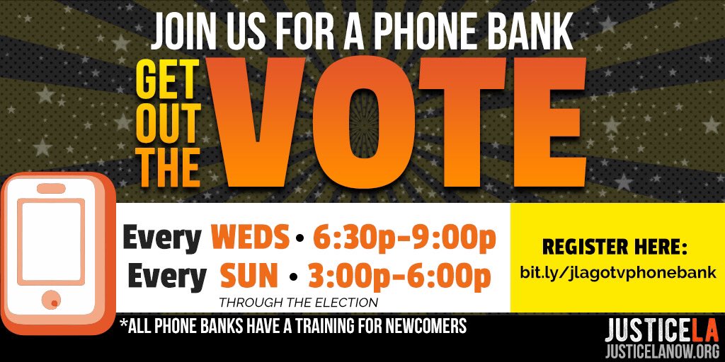 📣 Join our <a href="/reimagine_la/">Re-Imagine L.A. County</a> and @NoOn25 phone bank and help get the word  out to vote #YESONJ and #NoOn25! 

‼️ Take action TODAY 9/30 from 6/30PM-9PM PST! Register at bit.ly/jlagotvphoneba… ‼️

#CareNotCages #ReimagineLA #NoOn25 #JusticeLA