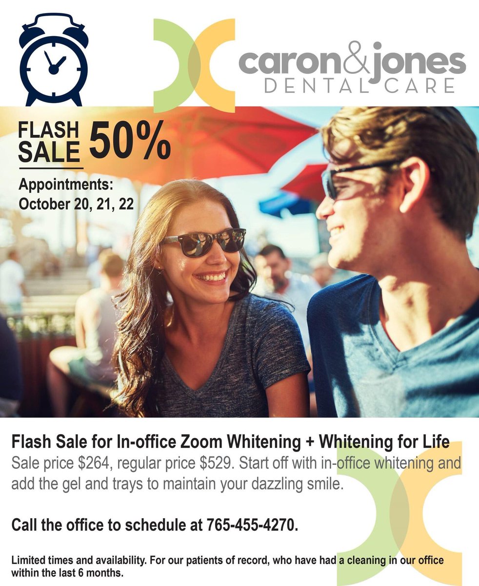 50% FLASH SALE - In-Office Zoom and Whitening for Life!

For our patients of record, who have had a cleaning in the last 6 months. Call the office, 765.455.4270. Only 10 spots available on Oct. 20, 21, 22.