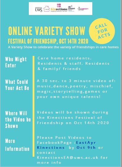 KinectionsEA's tweet photo. Visit the EasatAyr Kinections Facebook page if you would like a sneaky peek of the entry from residents &amp; friends  @CraigieCareHome  to the Festival of Friendship Variety Show- its really beautiful @DenisePentland1 #FestivalOfFriendship. Poster has more info about Variety Show https://t.co/aDFF988fsT