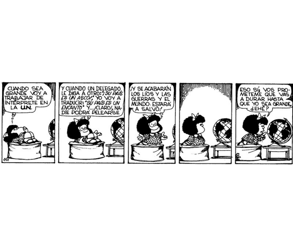 OUTRABANDAcom's tweet photo. Hoy es el Día Internacional de la #Traducción, actividad muy importante para #Outrabanda… Y  hemos sabido que ha desaparecido uno de nuestros héroes, #Quino, padre de nuestra #Mafalda, sin la que nuestras vidas nunca habrían sido lo mismo. Vaya esta tira como homenaje. https://t.co/sAc33ABVHE