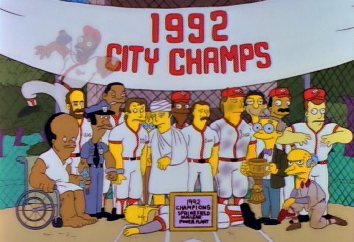 Une série d'imprévus prive l'équipe de ses professionnels, seul Homer reste sur le banc. Mais au moment le plus important, Burns décide de le faire rentrer à la place de Strawberry — “But I’ve got nine home runs today!”. Il réussit le dernier coup et est acclamé en héros. (3/3)