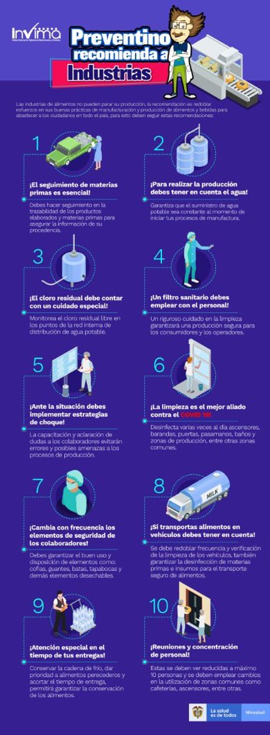 invimacolombia's tweet photo. #InvimaConColombia | ¡Recuerda! la responsabilidad sanitaria y compromiso de las industrias en Colombia al momento de reactivar sus actividades a través de protocolos estrictos de bioseguridad para sus operarios, clientes y transporte de materia prima. https://t.co/SWKHq33gTx