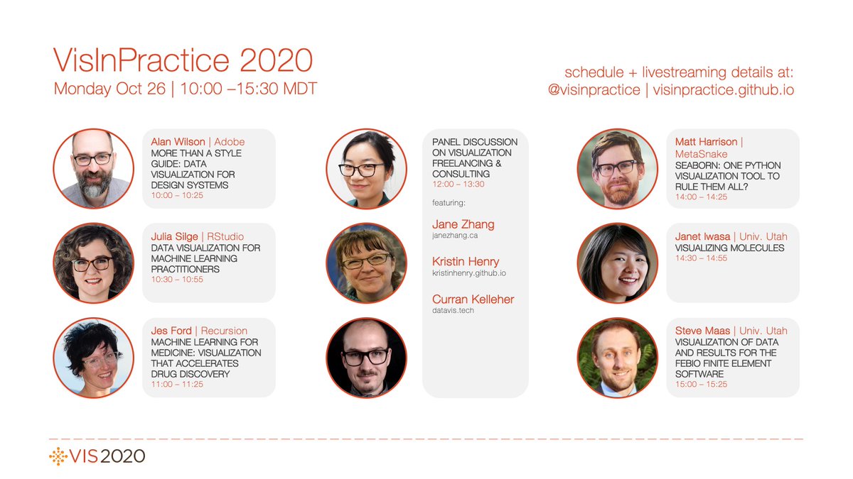 VisInPractice's tweet image. Mark your calendar to watch the livestream of #VisInPractice at @ieeevis 2020 on Oct 26

speakers + panelists include: @alangwilson @juliasilge Jes Ford @janezhgw @KristinHenry @currankelleher @__mharrison__ @janetiwasa &amp;amp; Steve Maas

details at visinpractice.github.io