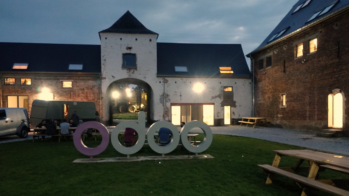 #OdooExperience is like: being at the office at nightfall, with a food truck serving hamburgers and a machine harvesting potatoes in the background...