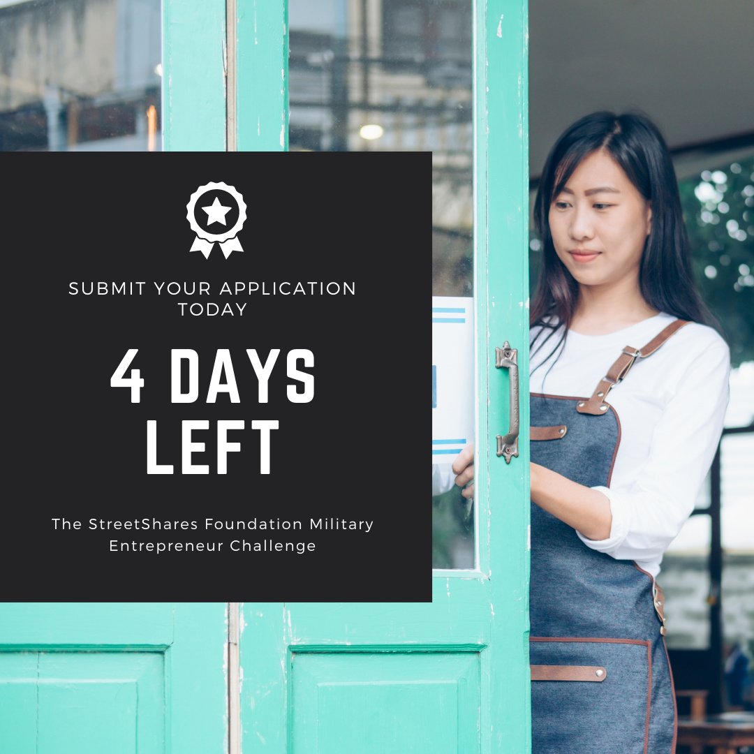 ONLY 4 DAYS LEFT TO SUBMIT YOUR APPLICATION! 

hubs.ly/H0xcpjn0

#Veterans #entrepreneurship #award #accesstocapital #funding #philanthropy #grant #grantfunding #military #veteran #smallbusiness #entrepreneur #entrepreneurial