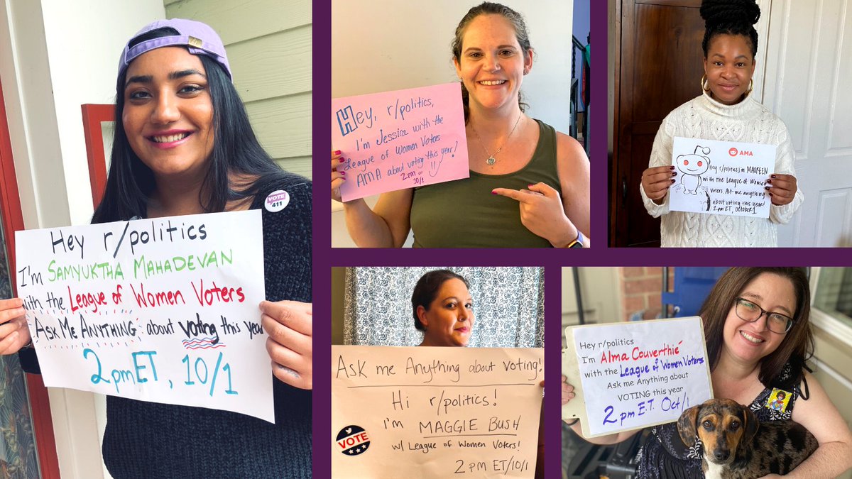 Five women experts from the League of Women Voters hold up signs saying "Ask me anything about voting this year" with information for the Reddit AMA at 2pm ET on October 1