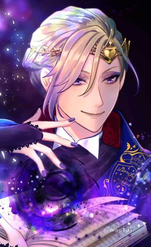 book 1boy male focus blonde hair solo purple eyes smile  illustration images