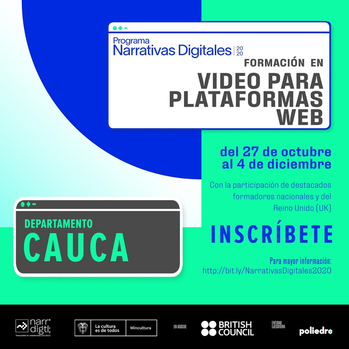 ¡ATENCIÓN CAUCA! Abierta la convocatoria #NarrativasDigitalesCol para la formación en Video para plataformas Web. No te pierdas la oportunidad de actualizarte con expertos nacionales y británicos. ¡Inscríbete aquí! bit.ly/NarrativasDigi…