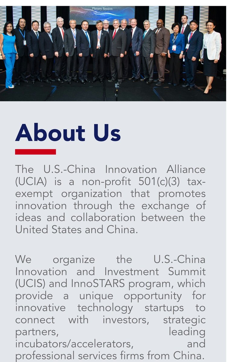 8. The US China Innovation Alliance is another 501c3 that promotes innovation through theexchange of ideas... It is based in Houston and hosts an annual InnoSTARS program in which new companies can present their innovations. InnoSTARS was started in 2017.