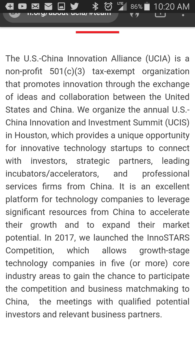 8. The US China Innovation Alliance is another 501c3 that promotes innovation through theexchange of ideas... It is based in Houston and hosts an annual InnoSTARS program in which new companies can present their innovations. InnoSTARS was started in 2017.