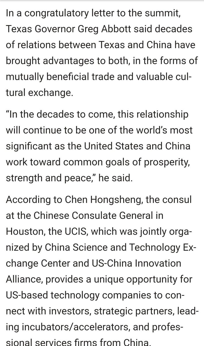 9. Serving on the Board of US China Alliance is David Firestein, Pres and CEO of The George H.W. Bush Foundation for US China Relations. Texas Gov. Greg Abbott, Mayors of Houston and Austin are all supporters of the US China Innovation Alliance.