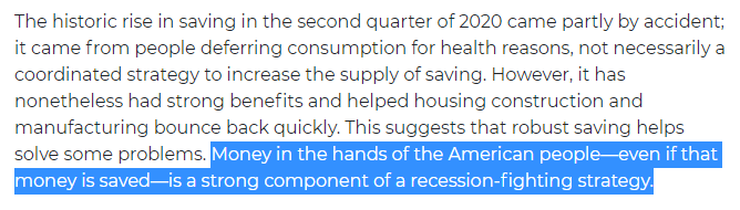 I conclude this way: a counterpoint to some varieties of demand-side thinking. The sort where people say "you want money in people's hands during recession, but not if it's saved." I take the first part as a given, but amend the second part to "*even if* it's saved."
