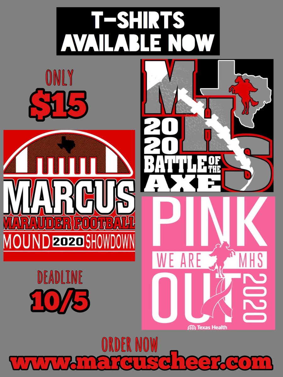 MarcusHSCheer's tweet photo. 🚨 DEADLINE to get your AXE, PINK, and MOUND Tees is NEXT MONDAY, Oct 5🚨 Don’t miss out!! https://t.co/FNjjlh4lg3 https://t.co/vQ5Yu5ASwQ