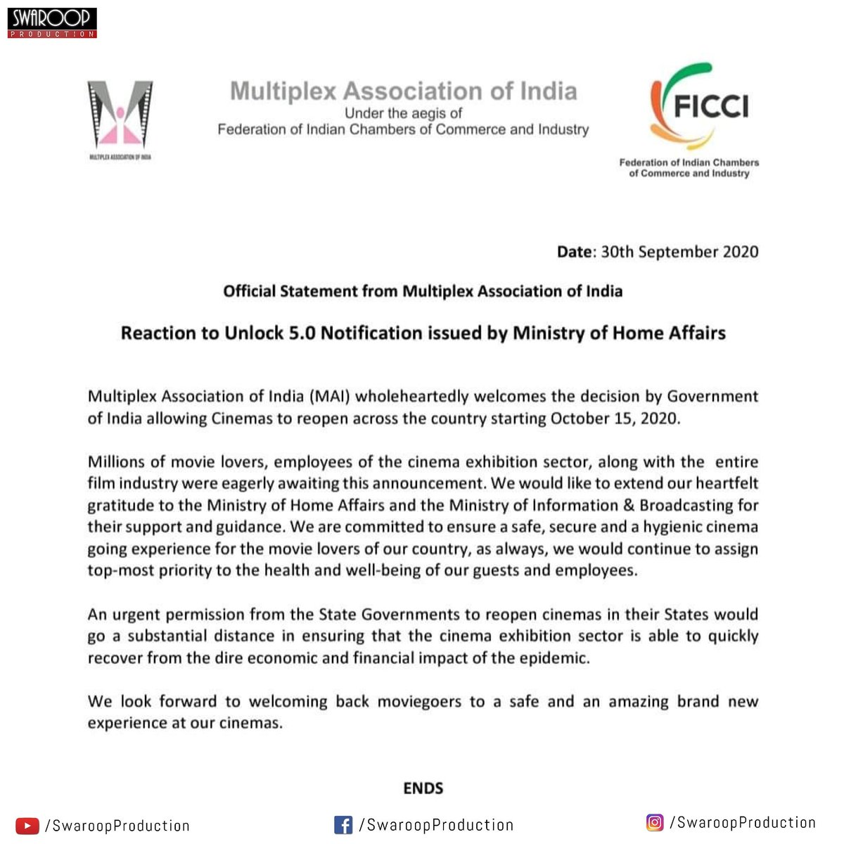 swaroopDoP's tweet photo. REOPENING OF CINEMAS Multiplex Association of India issues OFFICIAL STATEMENT 

#Unlock5 https://t.co/YFJBECBSVT