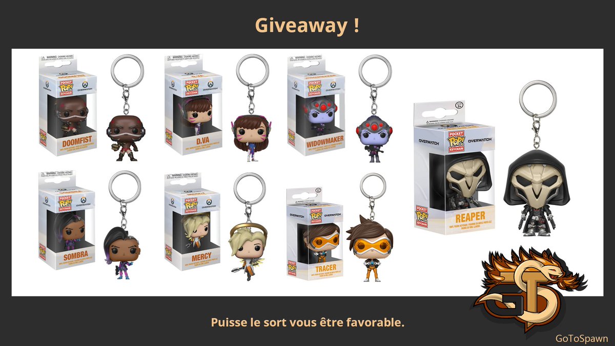 GoToSpawn's tweet photo. Hey you ! Feeling lucky ? 🍀
Pour fêter notre premier anniversaire, gagne ton porte-clef #FunkoPop  #Overwatch parmis les choix proposés ! 🎉🎊

Pour participer :
Follow @GoToSpawn
Retweet ce post

Le gagnant sera sélectionné le 10 Octobre !🥳 #giveaway https://t.co/O3ytwy2Yq2