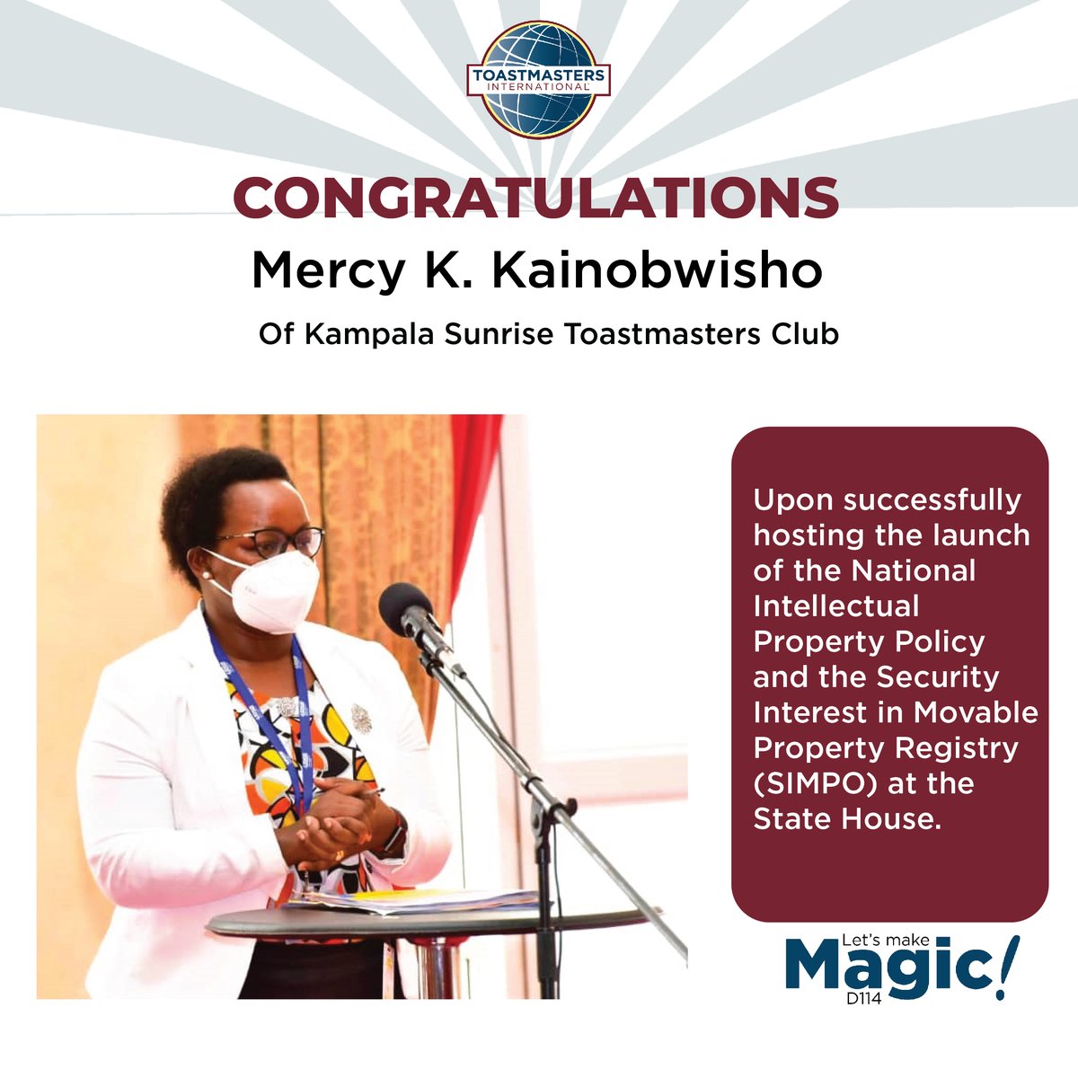 kampalasunrise's tweet photo. In the word MAGIC, A is for "Appreciation". We congratulate Mercy Kainobwisho upon successfully hosting the launch of SIMPO. #IPPolicyUg and #SIMPOsecureUg @URSBHQ https://t.co/f6lVK1IBxZ