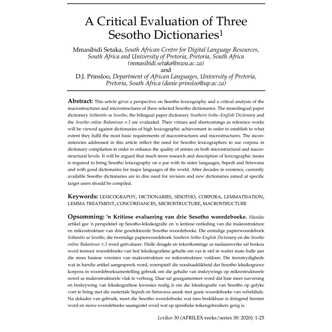 I'm officially a published author and super excited about my first article, "A critical evaluation of 3 Sesotho dictionaries" with my supervisor D. J. Prinsloo. Accessible on lexikos.journals.ac.za/pub/article/vi