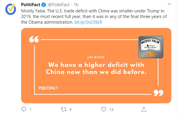 Fact checkers, eager to show balance after a debate that Trump tried to bully and insult his way through, are zeroing in on a claim made by Biden that the US-China trade deficit is up. What& #39;s the real story? Thread...