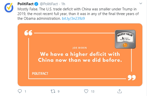 Fact checkers, eager to show balance after a debate that Trump tried to bully and insult his way through, are zeroing in on a claim made by Biden that the US-China trade deficit is up. What's the real story? Thread...