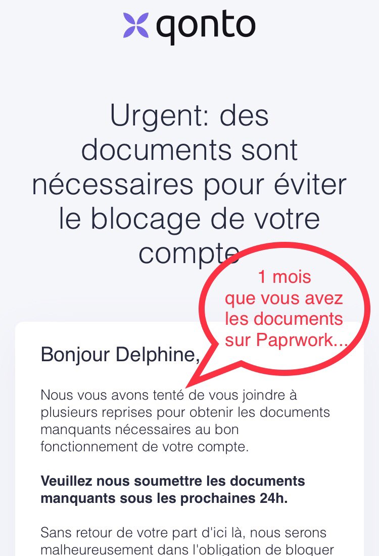 Finalement <a href="/getqonto/">Qonto</a> vous suspendez mon compte pro <a href="/StirrupFR/">Stirrup</a> demain ou vous collectez mes documents de manière sécurisée avec <a href="/paprwork/">Al</a> comme convenu ? Parce que pas sûre que la <a href="/CNIL/">CNIL</a> apprécie les demandes de documents sensibles par mail 🙄