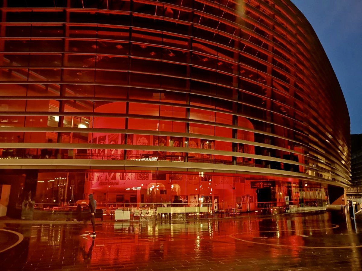CurveLeicester's tweet photo. On this day of global action we #StandAsOne with all our friends &amp; colleagues across the live events sector. 

We once again light Curve red to highlight the continued challenges faced by our industry. 

#LightItInRed #WeMakeEvents https://t.co/kNnzDkYzxW
