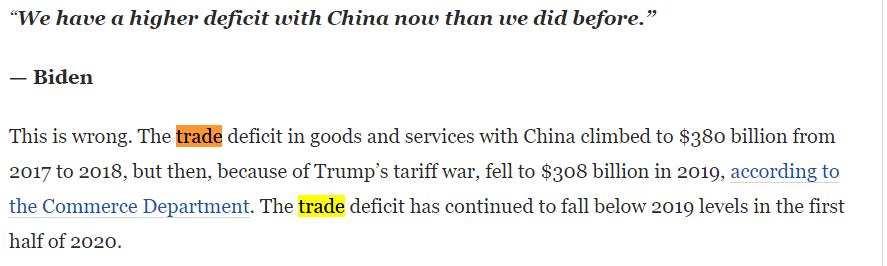 Fact checkers, eager to show balance after a debate that Trump tried to bully and insult his way through, are zeroing in on a claim made by Biden that the US-China trade deficit is up. What's the real story? Thread...