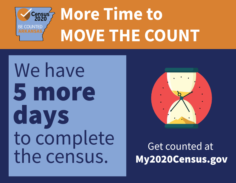 ar_census's tweet photo. IT'S OFFICIAL: We have 5 more days to MOVE THE COUNT in Arkansas. Let's ensure #ArkansasCounts in the #2020Census. Tell 20 people to get counted at https://t.co/yqAYFipIft! https://t.co/gZgFIIZlJf