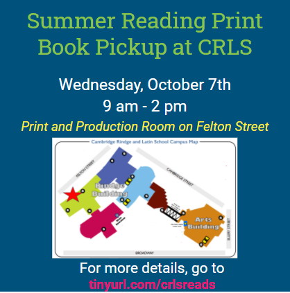 CRLSlibrary's tweet image. Don&apos;t miss this final chance to pick up a summer reading book before the school-wide summer reading discussion in late October! Details are on our Summer Reading Website: tinyurl.com/crlsreads 
#CRLSreads