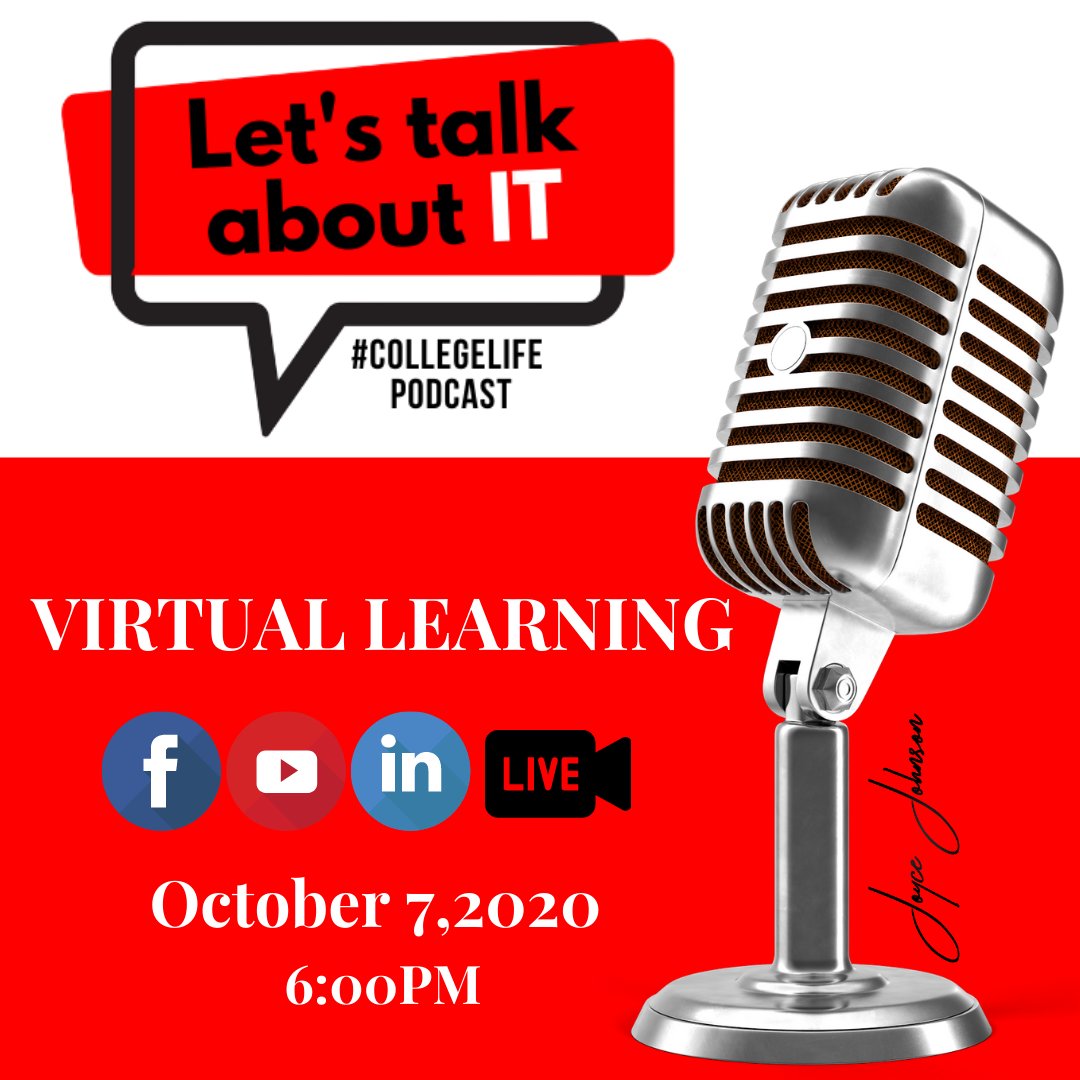 IamJoyceJohnson's tweet photo. Virtual learning has shifted the dynamics of their classroom. Tune in for the live recording of the Let’s Talk About It #CollegeLife Podcast. I'll be joined by educators, students, and parents to share their take on virtual learning. You don't want to miss it! #VirtualLearning https://t.co/Vs00bLVB32