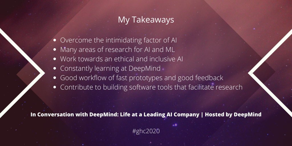 mc_adea's tweet photo. Thank you @DeepMind Anna B, @tharindi_h, @FeryalMP, @kemillican for your insights! I will look out for the recording to catch the first 10 minutes missed due to block from Zoom meeting cap. #vGHC2020 https://t.co/ESlRZcijup