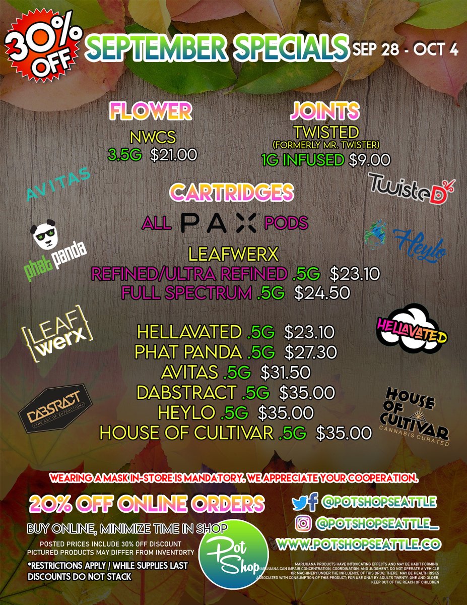 PotShopSeattle's tweet image. Grab #flower from #NWCS or #joints from #Twisted (formerly #MrTwister) with our #WeedSale this week! #PAX fan? All #PaxPods are 30% off! Get your favorite #cartridges from #Hellavated, #LeafWerx, #PhatPanda &amp;amp; more. Check availability or preorder online at ecs.page.link/TwsU8