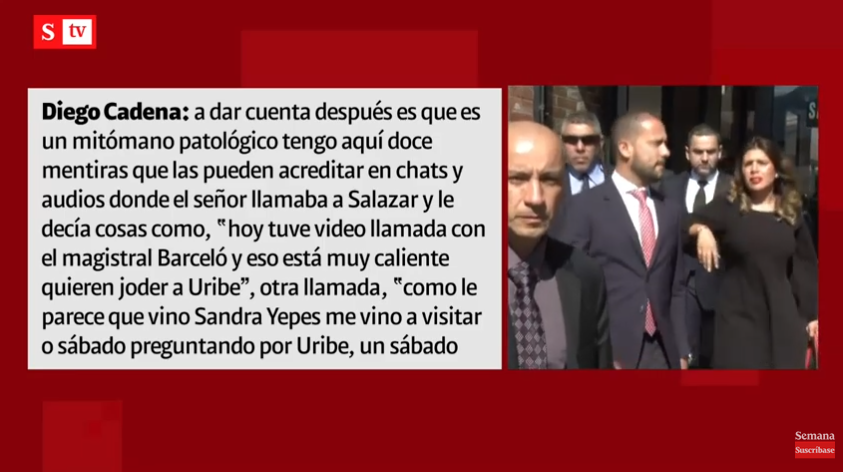 'Carlos Enrique Vélez es un mitómano patológico, tengo doce mentiras que las pueden acreditar en chats y audios': dijo Diego Cadena a la Corte.

#DiegoCadenaEs - #ExpedienteUribe | En vivo: youtu.be/k5bdBpIcVas