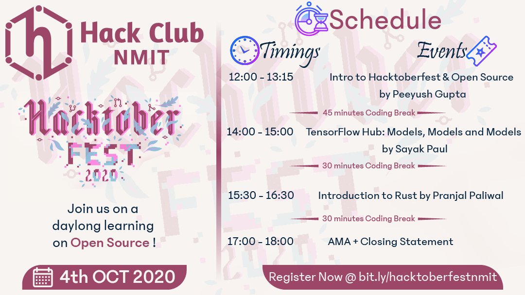 HackClubNmit's tweet photo. HacktoberFest 2020 by @hackclubnmit an Open Source megafest will be conducted on the 4th of October with these intellects @TheBetterClever @RisingSayak @pensu91
Register at: https://t.co/gRR7uF033s
#hackclub #hackclubindia #hackbout #hackclubnmit #hacktoberfest2020 #hacktoberfest https://t.co/0YLu8JBZDC