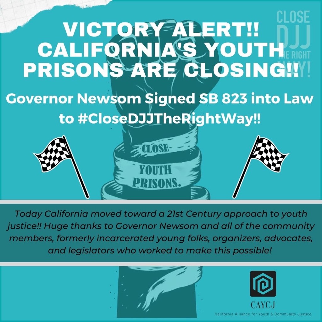 This is our collective movement pushing back against the carceral system, saying our youth belong to our families and communities. We gon' keep pushing! Thank you @GavinNewsom for signing #SB823 and moving to #CloseDJJtheRightWay #protectyourpeople #carenotcages #dreambeyondbars