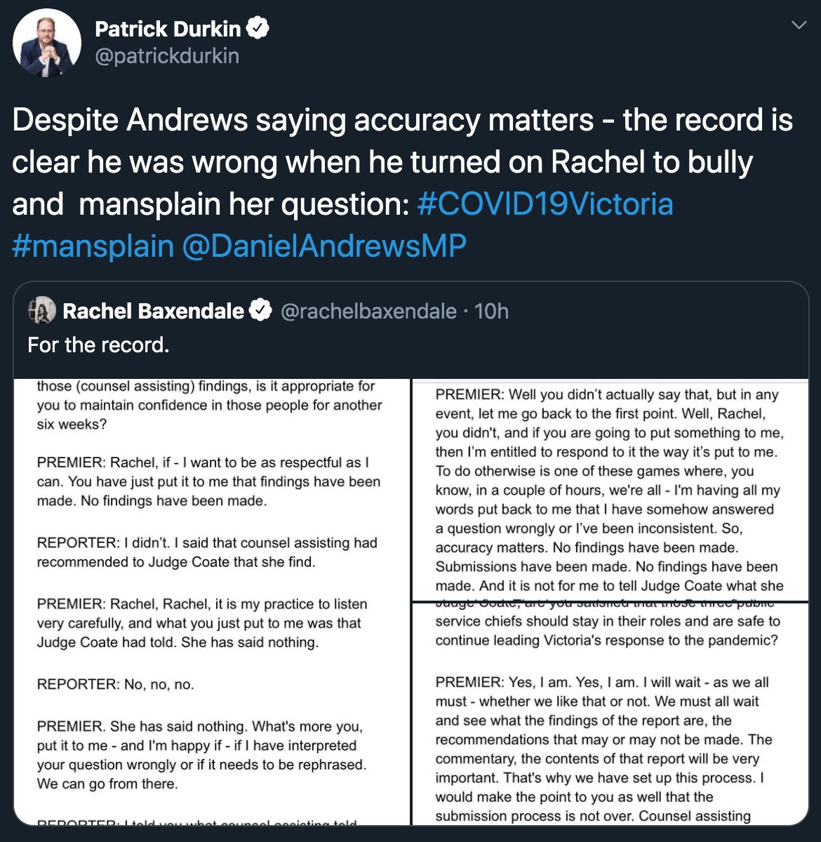 Then we have  @patrickdurkin, who boldly accused Premier Dan Andrews of bullying - one problem with that, he based his accusation on the incorrect record, and has so far failed to retract or apologise, despite opening and reading a message containing the correct record.