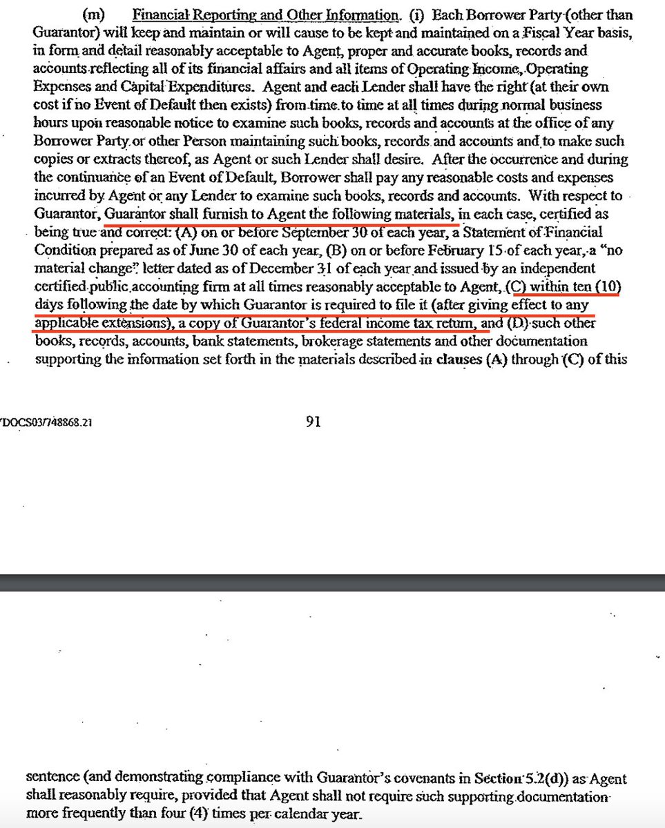 7/ And this, from the 2005 loan agreement itself, says that  @realDonaldTrump was required to provide  @DeutscheBank with his federal tax returns *every year* going forward.Trump defaulted on this loan in November 2008, at which point he presumably stopped providing his returns.